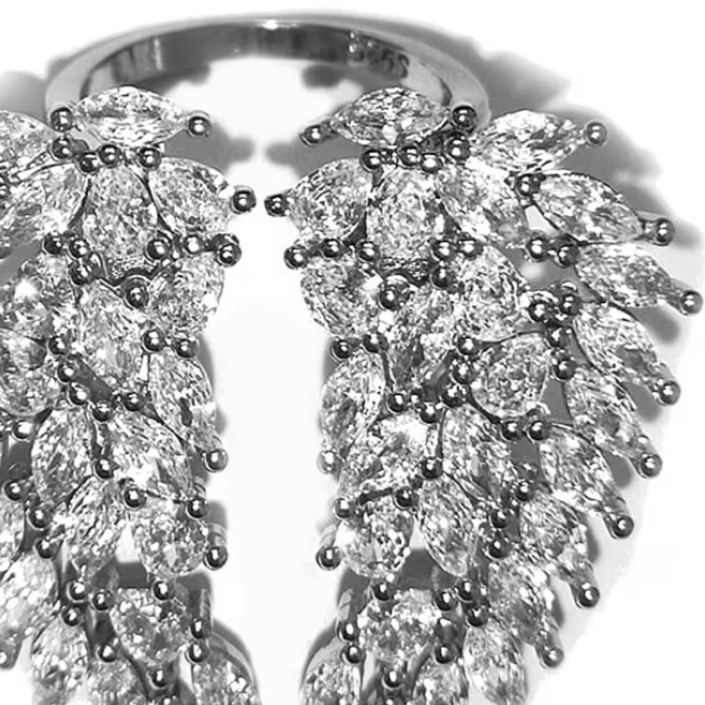Angel Wings Silver Feathers Intense Sparkle Statement Ring w/ Simulated Diamonds - Picture 10 of 12